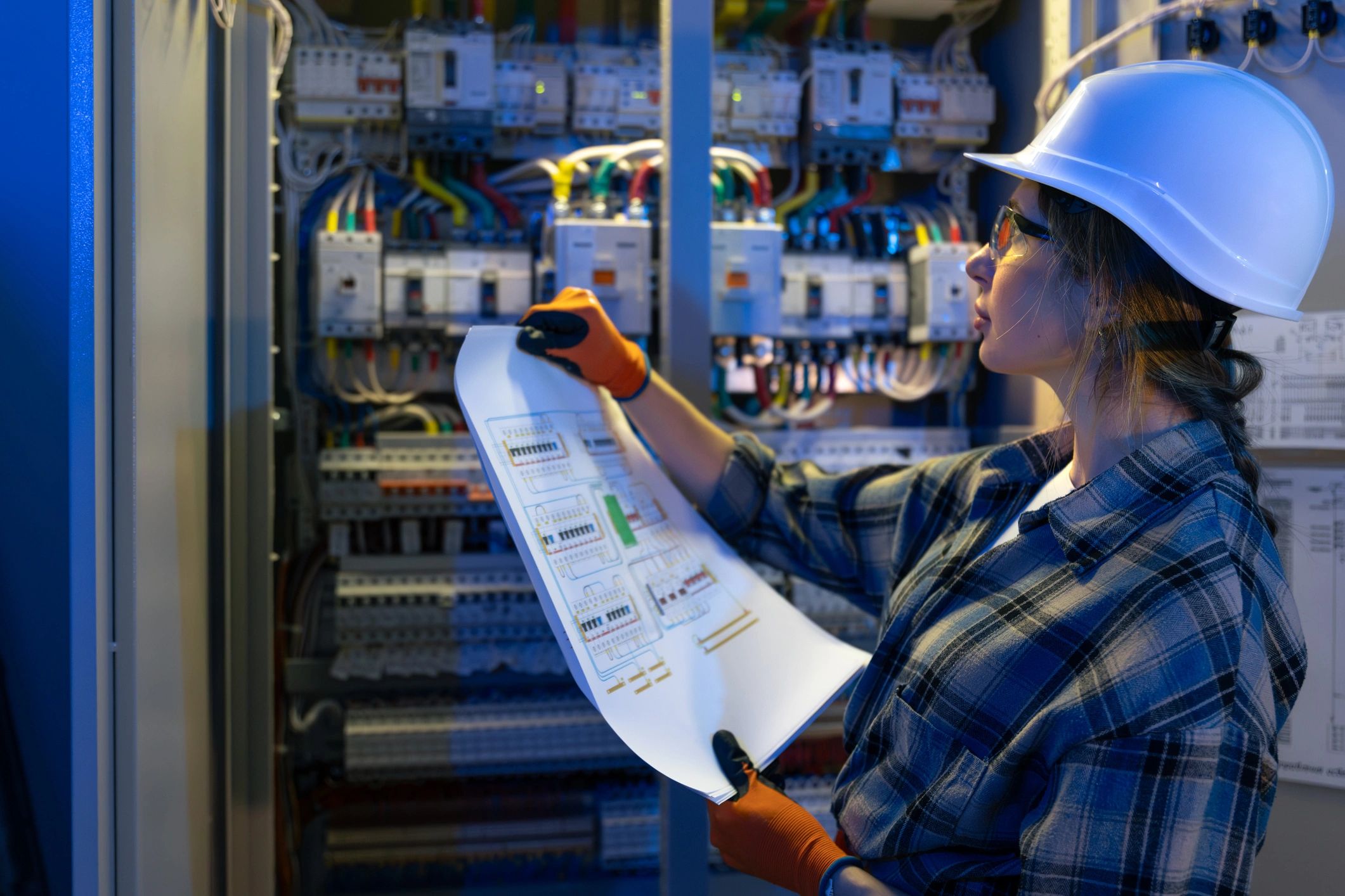 Electrician reviewing electrical plans beside switchgear
